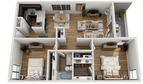 Floor plan for 2 beds, 1 bath, 949 sqft
